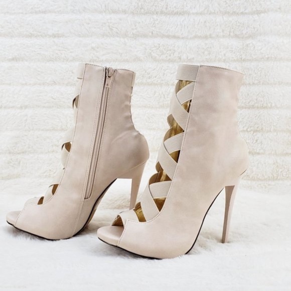 * Mona Mia Nude Peep Toe Wide Elastic Straps 4 3/4" Stiletto Heel Ankle Boots - Picture 4 of 9